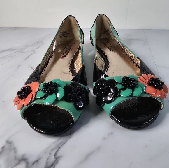 Poetic License Retro Patent Leather Color Block Flower Flats 7.5 - Picture 2 of 10